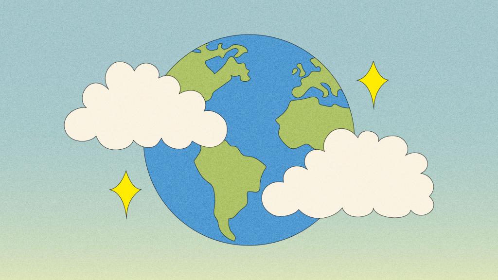 Illustration of earth peeking through puffy clouds