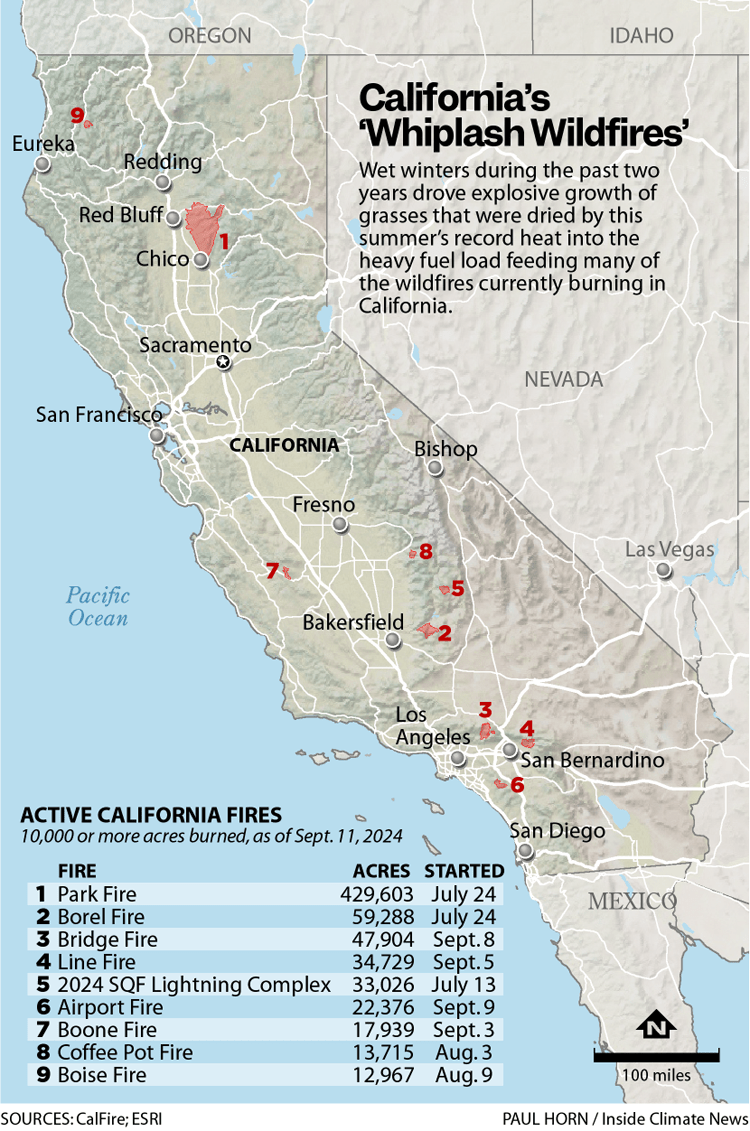 Map of California showing active fires in the state as of September 2024