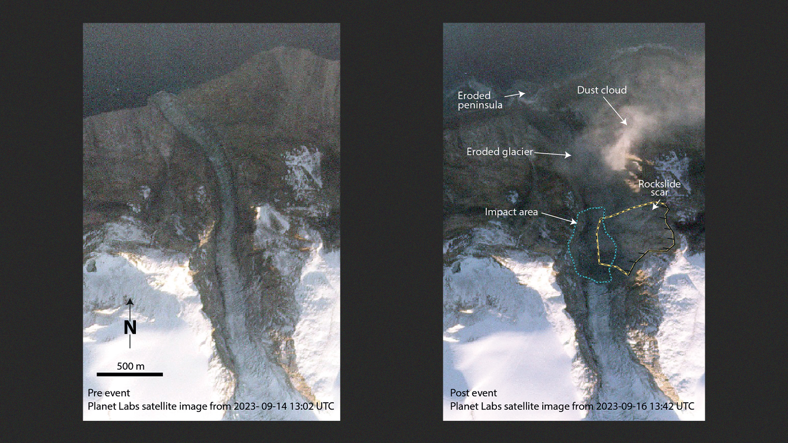 two side-by-side images show a satellite image of a fjord in Greenland. One shows an intact iceflow. The other shows debris, a missing mountain top, and eroded shoreline with annotations and markings that label each area.