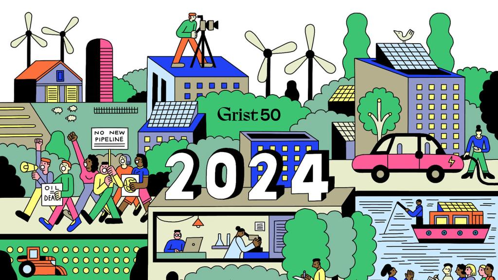 Illustration of people engaging in a wide range of climate work — protesting, researching, farming, advocating.