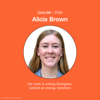 A photo of Alicia Brown over an orange background