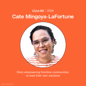 A photo of Cate Mingoya-LaFortune over an orange background