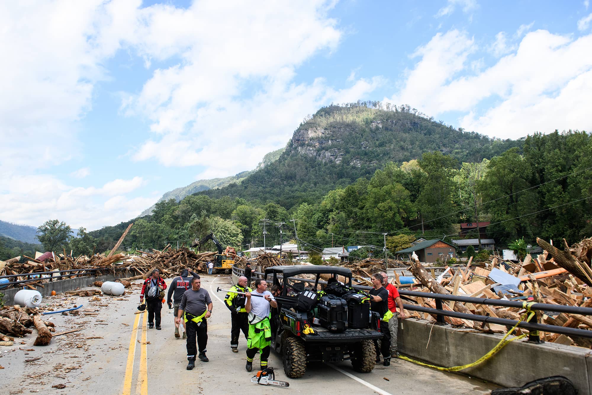 Approximately six feet of debris piled on the bridge from Lake Lure to Chimney Rock, North Carolina, in the wake of heavy rains caused by Hurricane Helene on September 28, 2024.