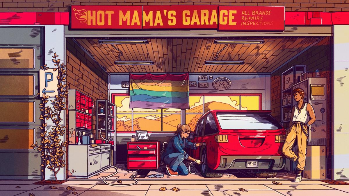 Illustration shows a brightly colored, cluttered garage and two women working on a red car. A rainbow flag hangs on the window, and a sign above the garage reads 