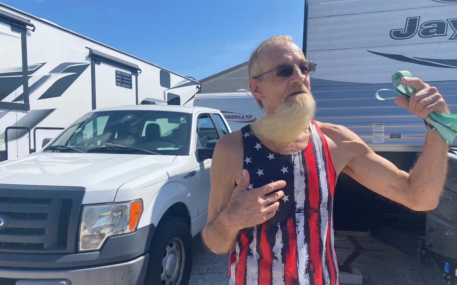 Robert Thomas waits to bring his trailer back to the Eleanor Oaks mobile home park following Hurricane Helene. The park, and the rest of Yankeetown, Florida, saw widespread flooding.