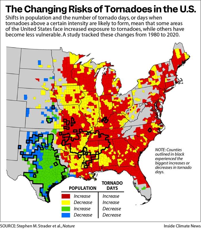 A map of the eastern US showing the changing risks of tornadoes