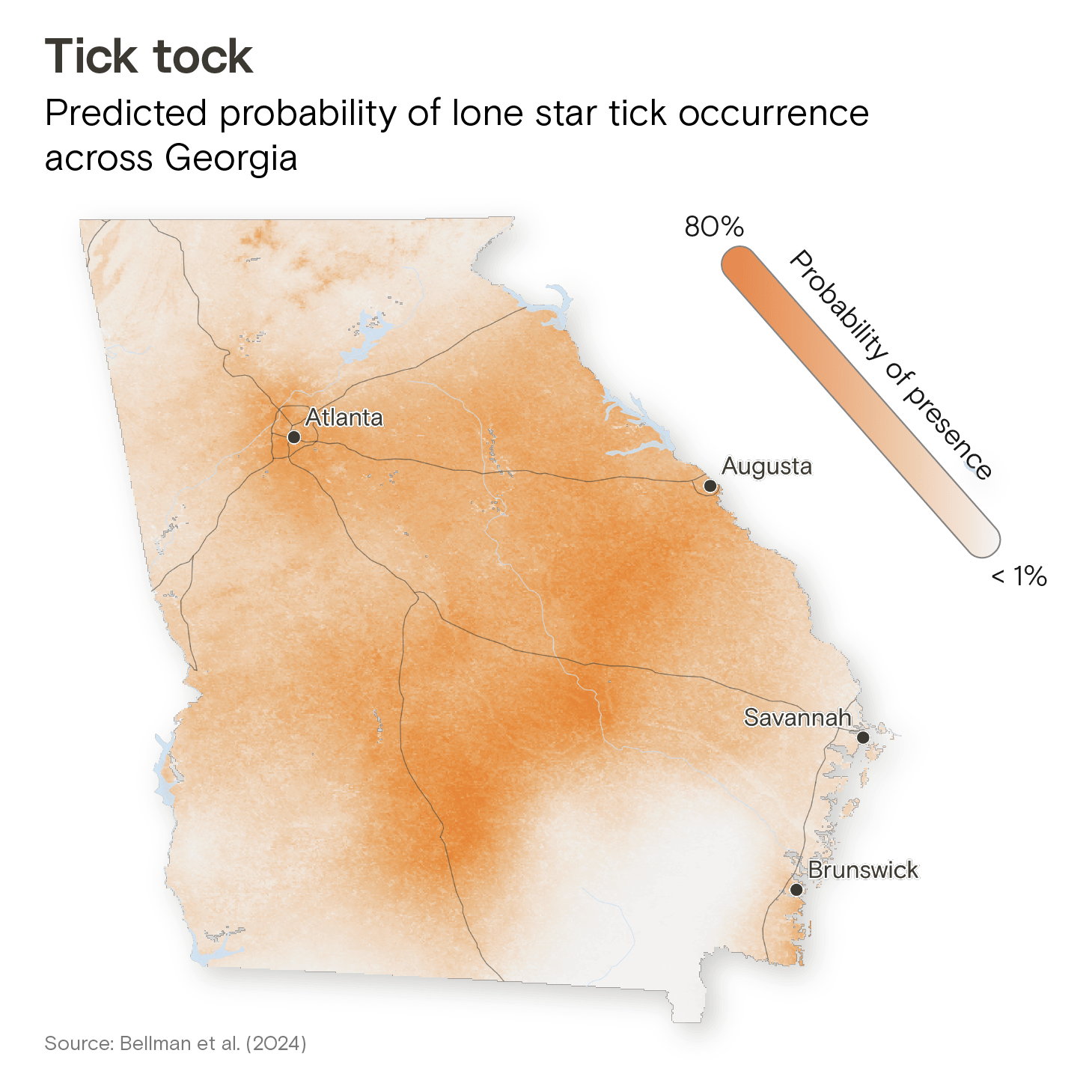 A map showing the predicted probability of lone star tick occurrence across Georgia. High probabilities characterize the southeastern part of the state, as well as regions around Atlanta.