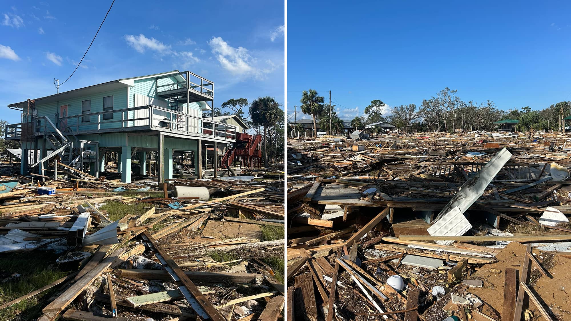 Two images of hurricane damage to homes in Horseshoe Beach, a rural town along Florida's northwest coast