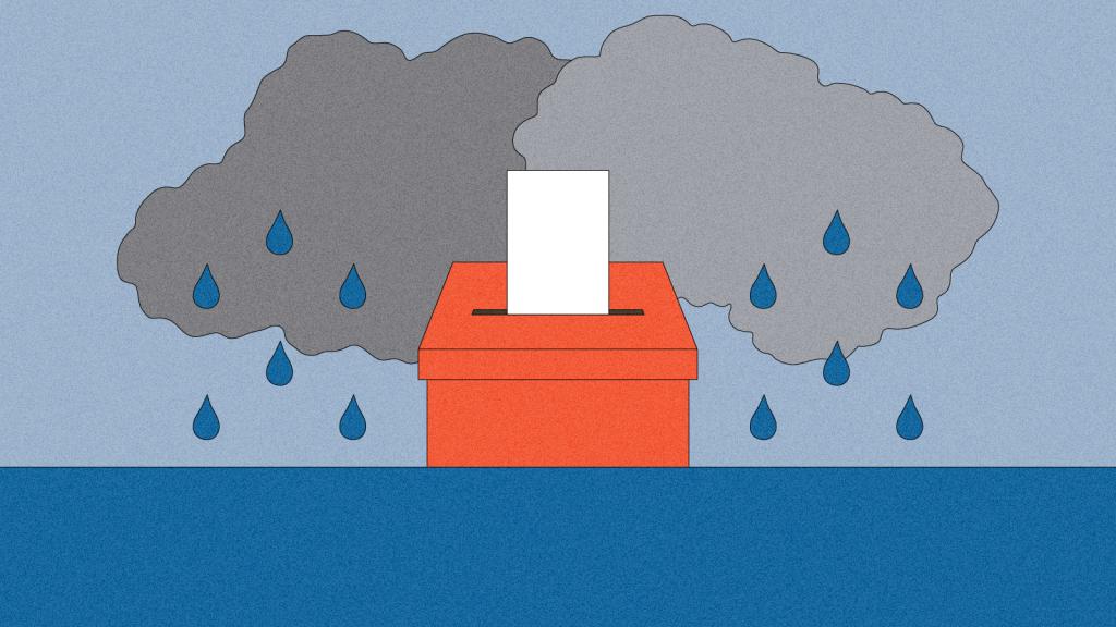 Illustration of ballot box half submerged in floodwater