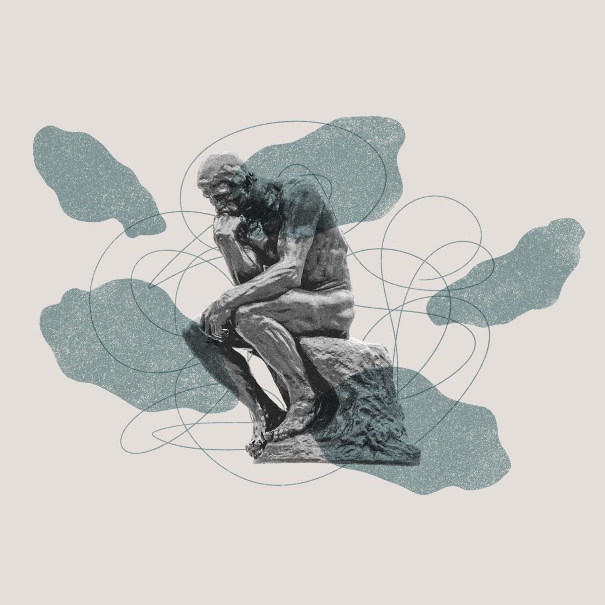 A stylized, illustrated version of The Thinker statue over a gray background with splotches of gray