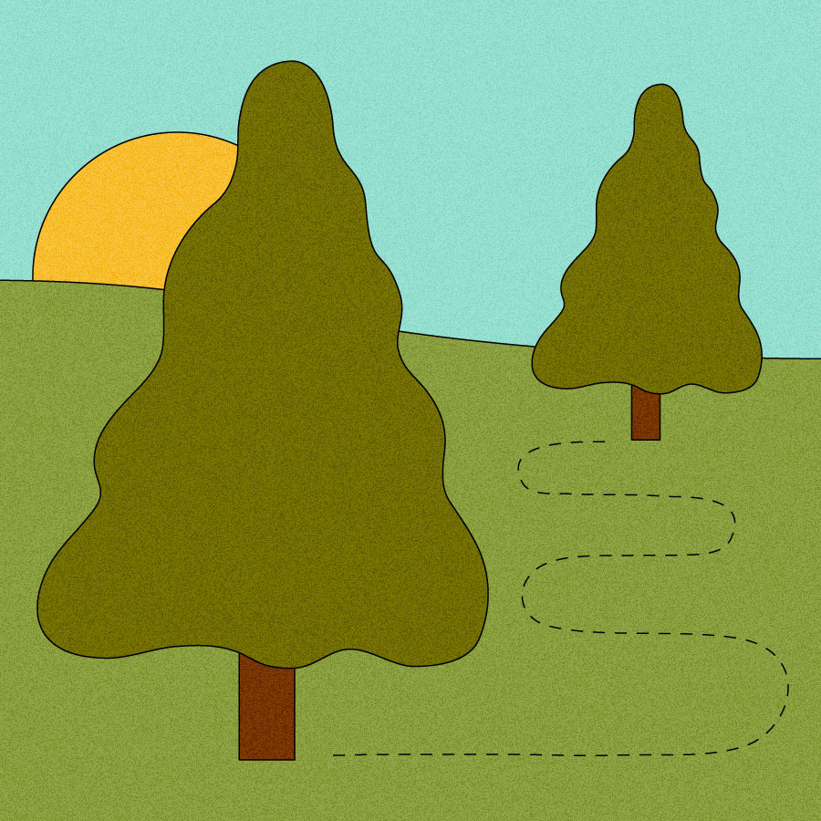 Illustration of two trees with striped migration path between them