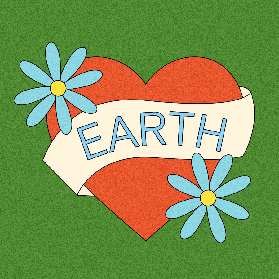 Illustration of classic heart tattoo with "earth" spelled out on tape