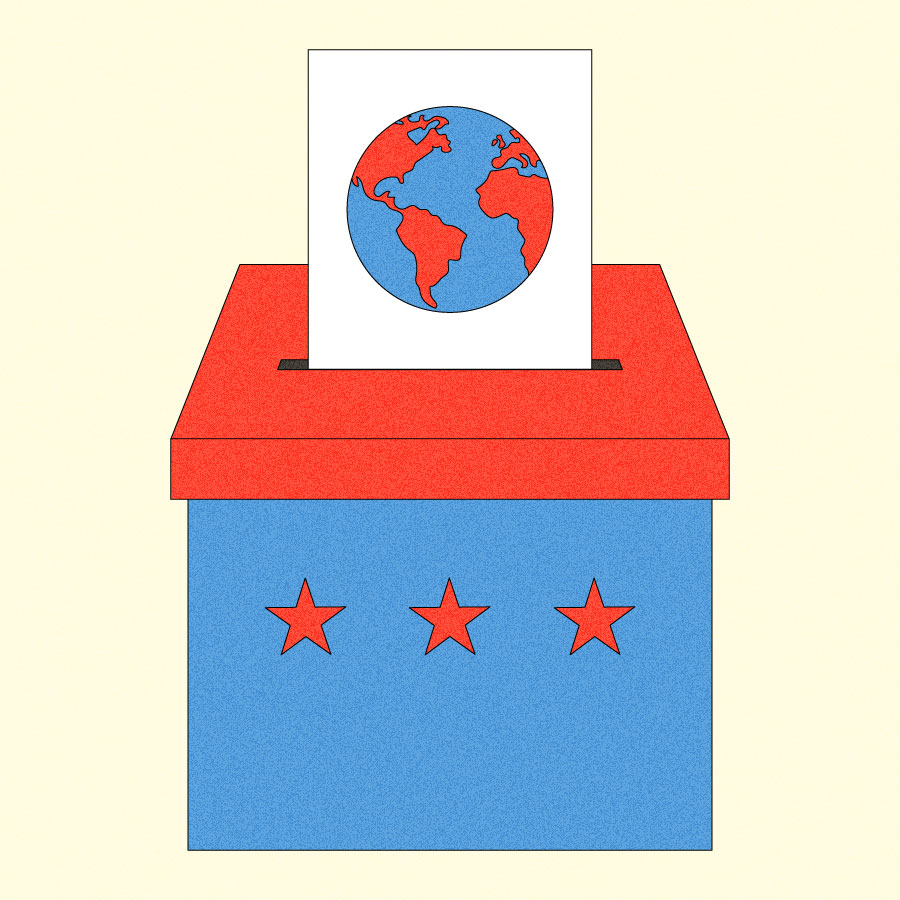 Illustration of ballot box with ballot showing red and blue earth