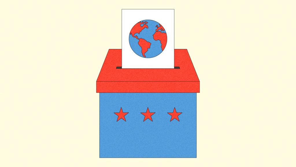Illustration of ballot box with ballot displaying red and blue earth