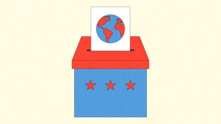 Illustration of ballot box with ballot displaying red and blue earth
