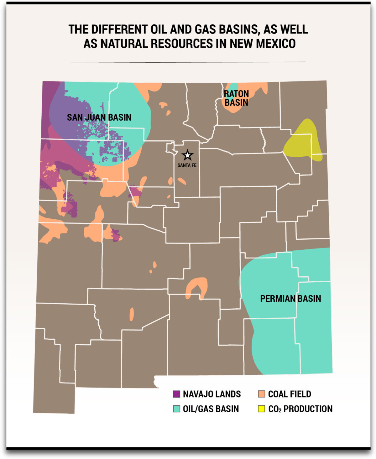 A map of New Mexico showing oil and gas basins