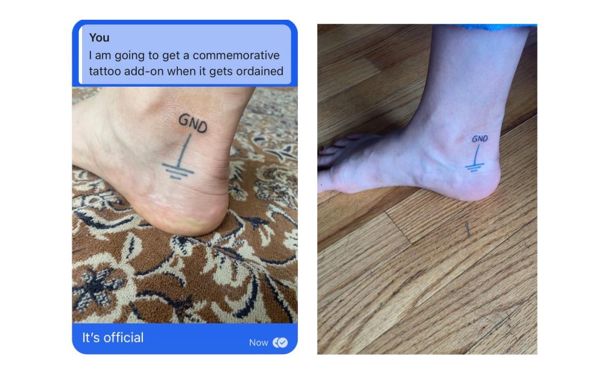 Two side by side photos of a ground symbol and the letters GND tattooed on an ankle, one is in a group text