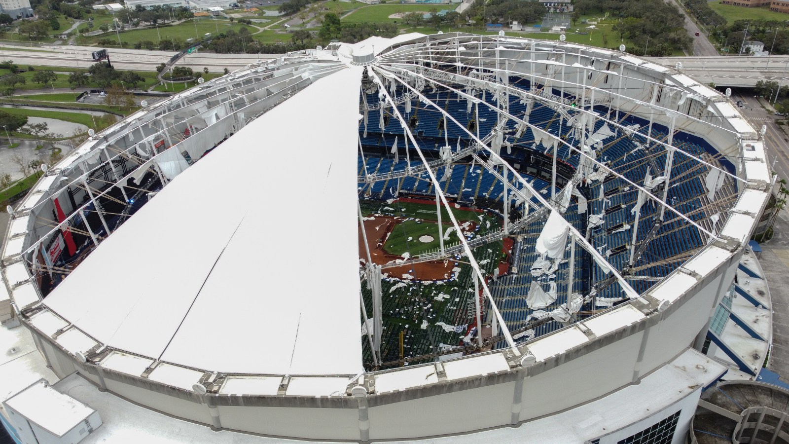 A drone image shows the dome of Tropicana Field torn open due to Hurricane Milton in St. Petersburg, Florida, on October 10.