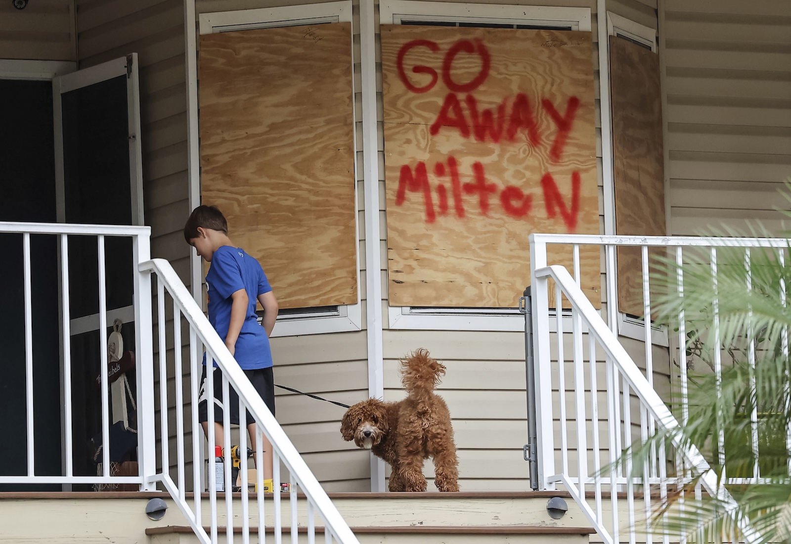 "Go away Milton" is written in red on a boarded house window. A boy walks into the house with his dog.