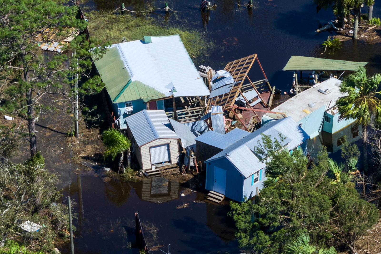 An aerial photo shows damage in Steinhatchee, Florida, after Hurricane Helene made landfall as a Category 4 storm. The Big Bend of Florida has been hit by three hurricanes in the past thirteen months.