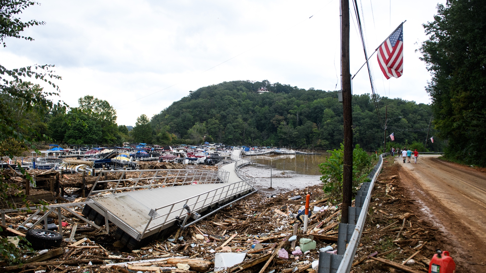 Debris from a flood on the Rocky Broad River in Lake Lure, North Carolina, following Hurricane Helene.