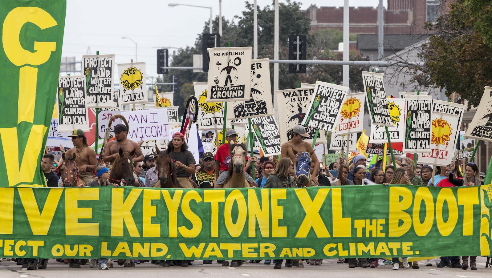 Protesters against the Keystone XL pipeline march in Lincoln, Nebraska in this Aug. 6, 2017 file photo.