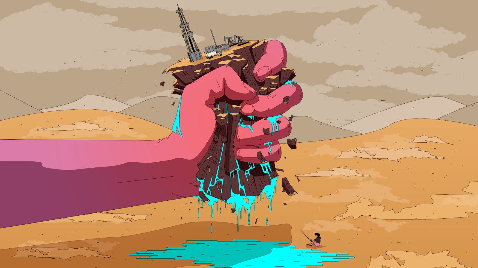 An illustration of a pink hand crushing an oil installation in the middle of the desert as water seeps underneath