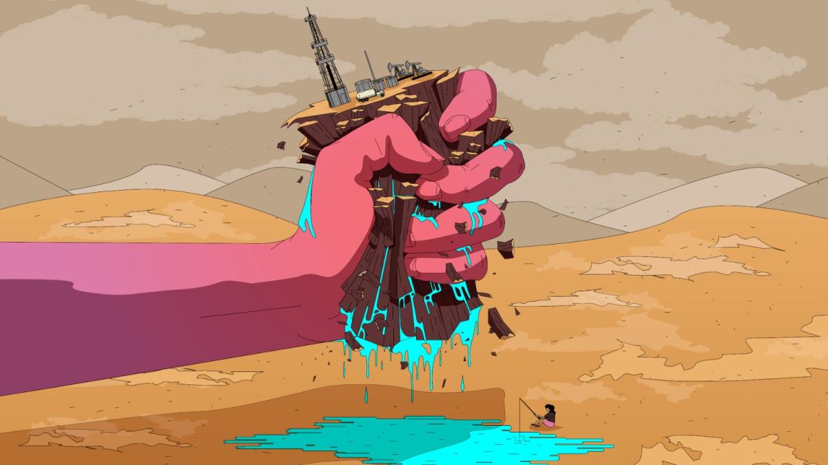 An illustration of a pink hand crushing an oil installation in the middle of the desert as water seeps underneath