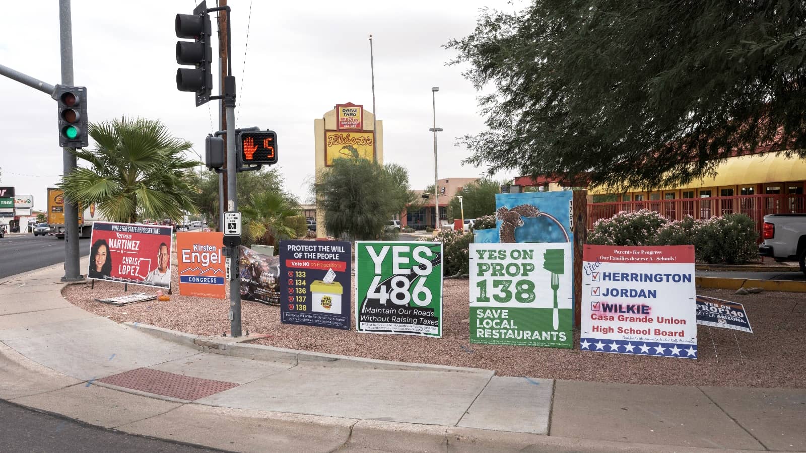 Political signs ring a street corner in Casa Grande, Arizona