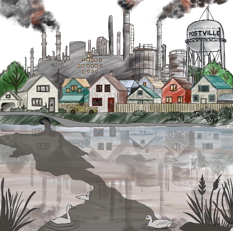 An illustration of a neighborhood in front of an industrial plant