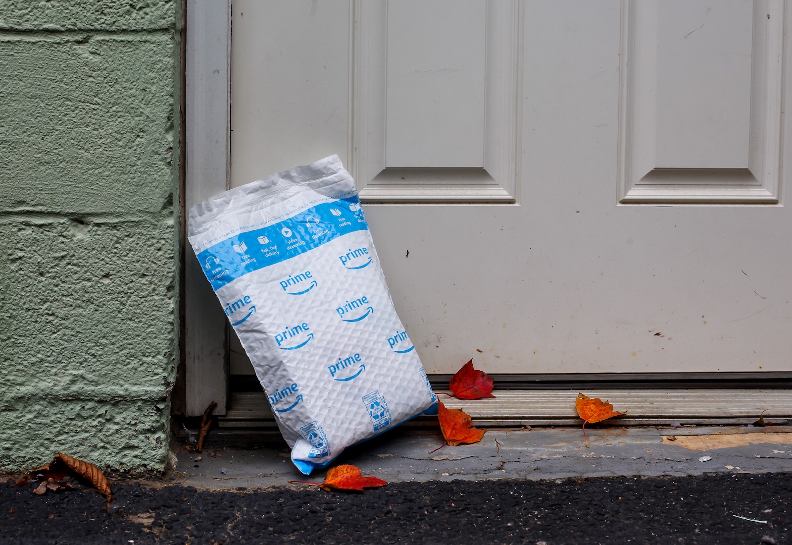 Blue-and-white plastic Amazon mailing envelope leans against a door, with red leaves on the ground next to it.