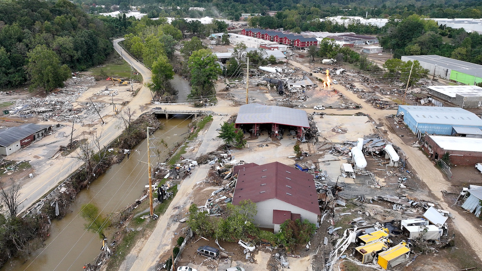 An aerial shot of Asheville, North Carolina shows the extensive damage caused by the flooding that followed Hurricane Helene.