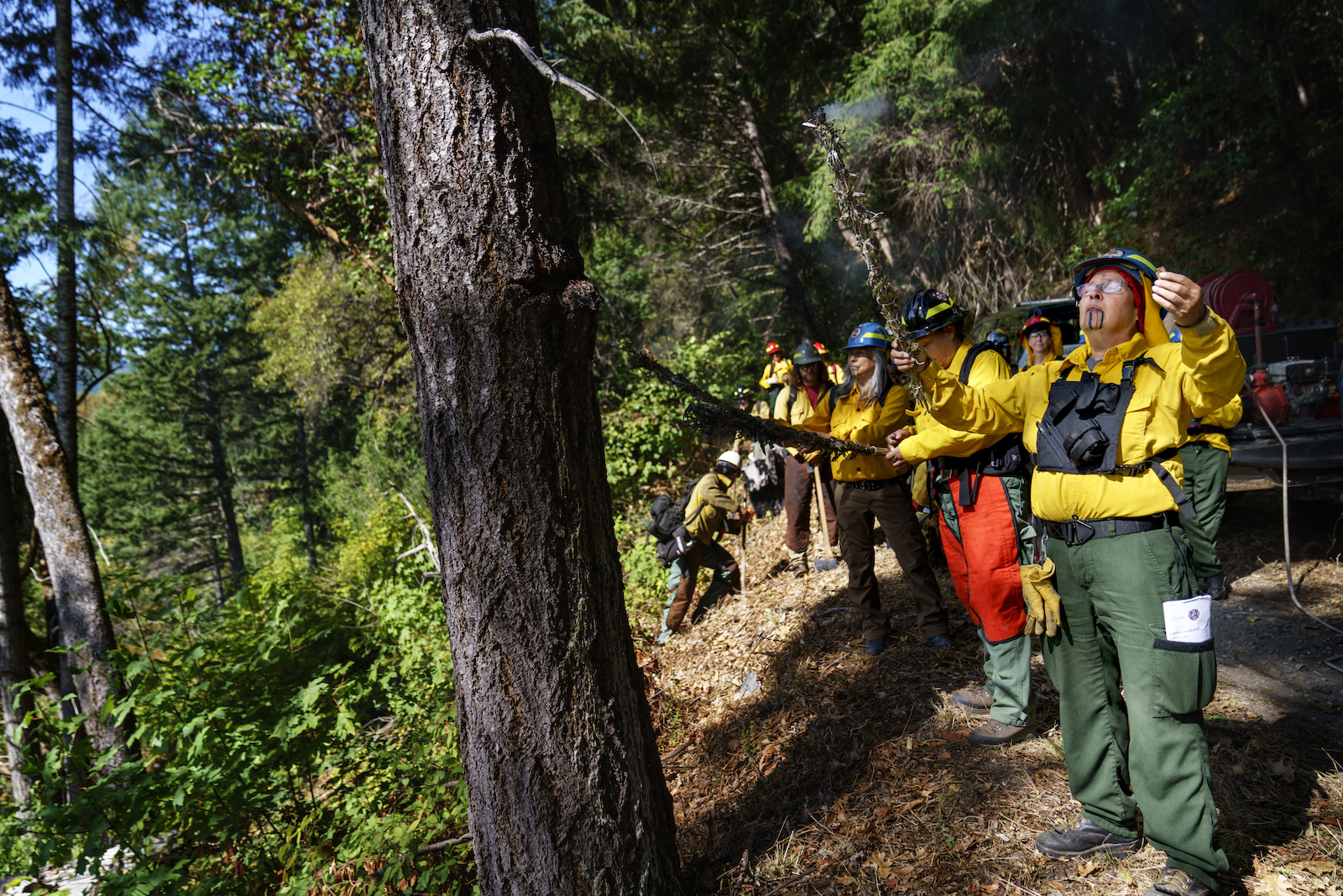 A group of people in firefighting gear face a forest with arms outstetched while speaking