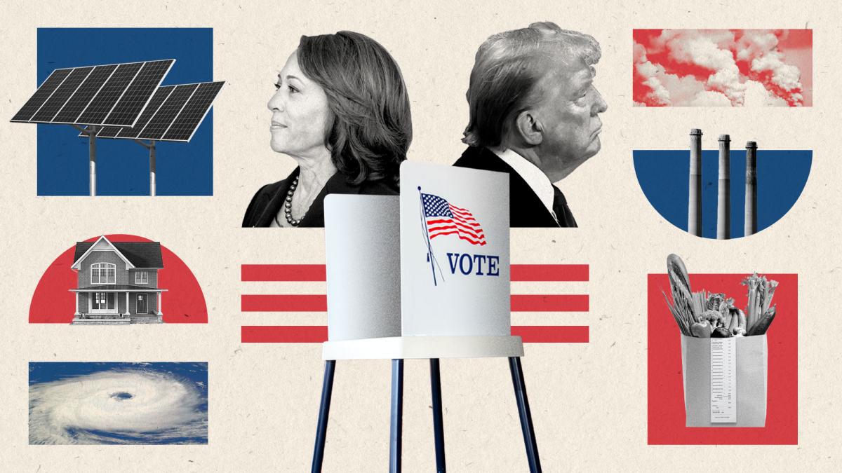 A collage of a voting booth, Trump, Harris, energy infrastructure, food, hurricanes, and clouds