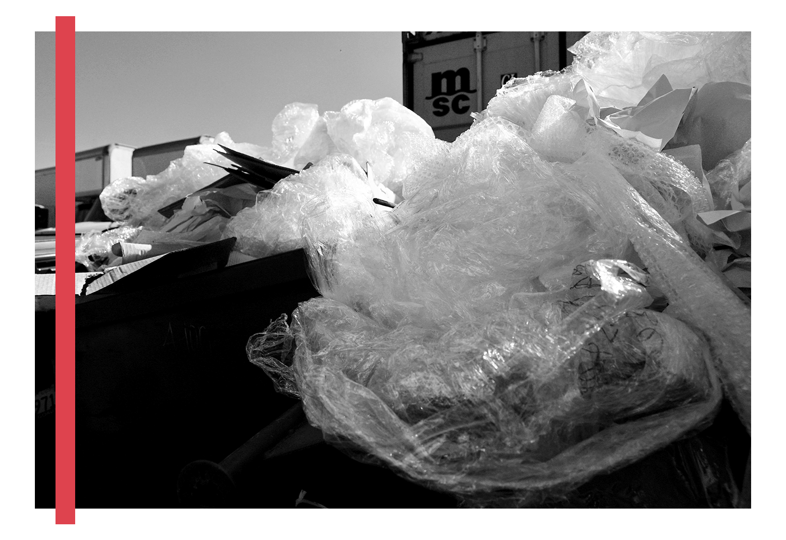 A black and white photo of a large plastic bag of garbage. The collage has a red vertical stripe to the side of the image