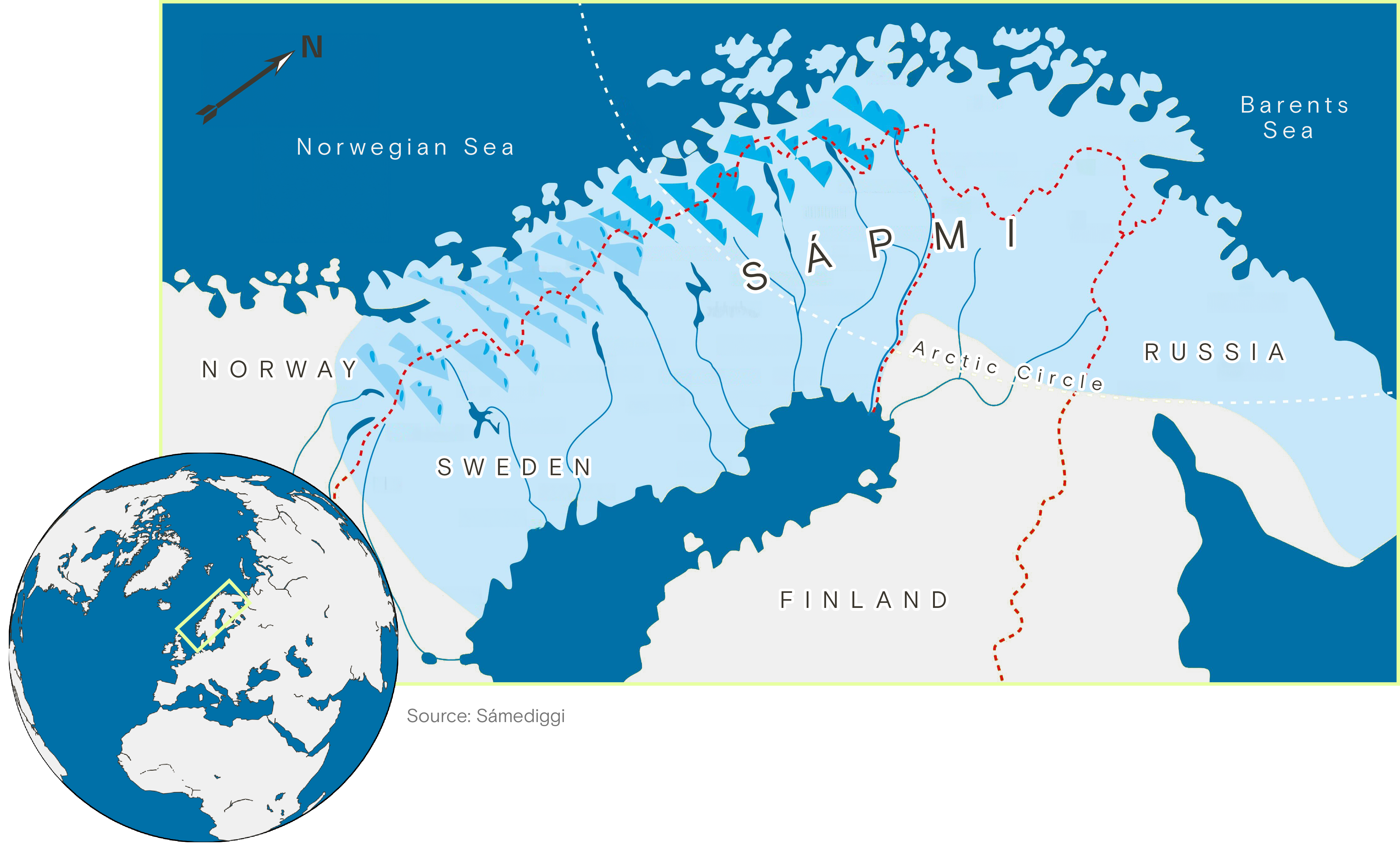 A map showing the Sámi homelands in Norway, Sweden, Finland, and Russia.