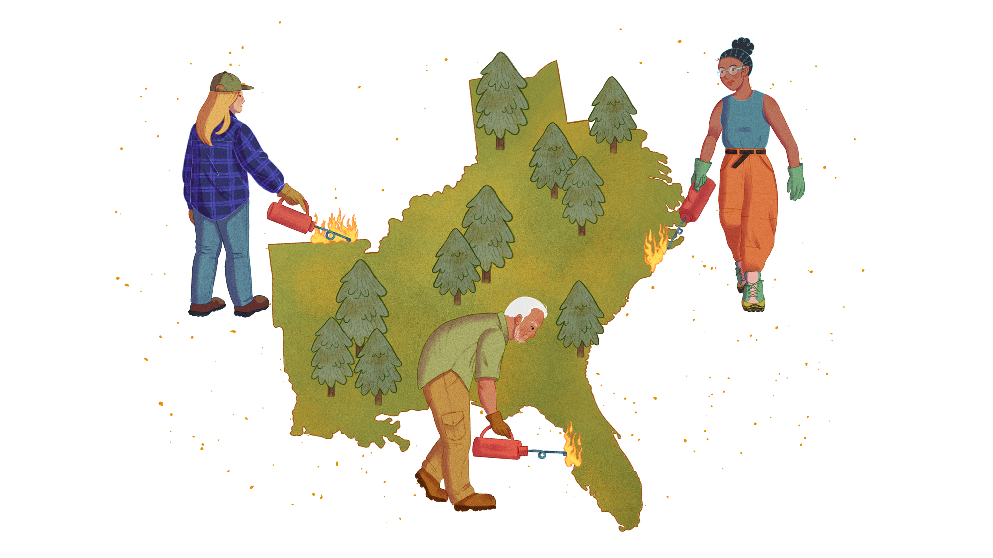 illustration of 3 people with equipment doing a prescribed burn to the silhouette of southeast states