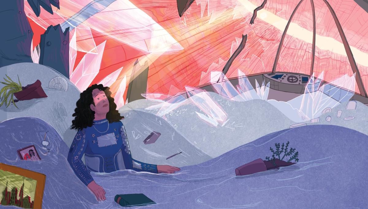 An illustration of a woman surrounded by sand and scattered belongings. Above, a glass roof has shattered.