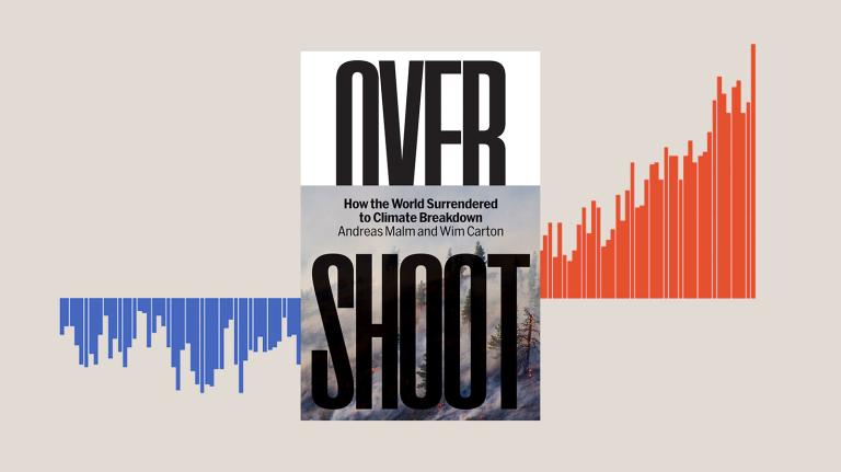 A book cover with the words 'Overshoot' on it. Behind it is a graph going up from left to right and changing color from blue to red.