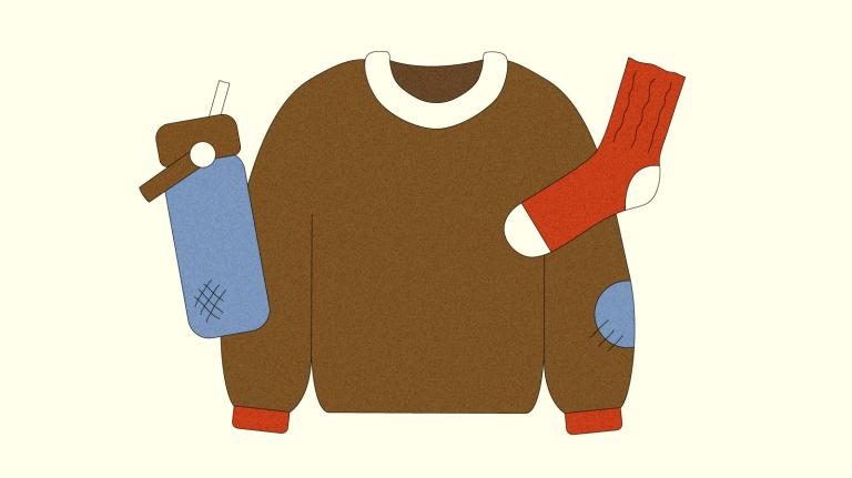 Illustration of worn and well-loved water bottle, sweater, and sock