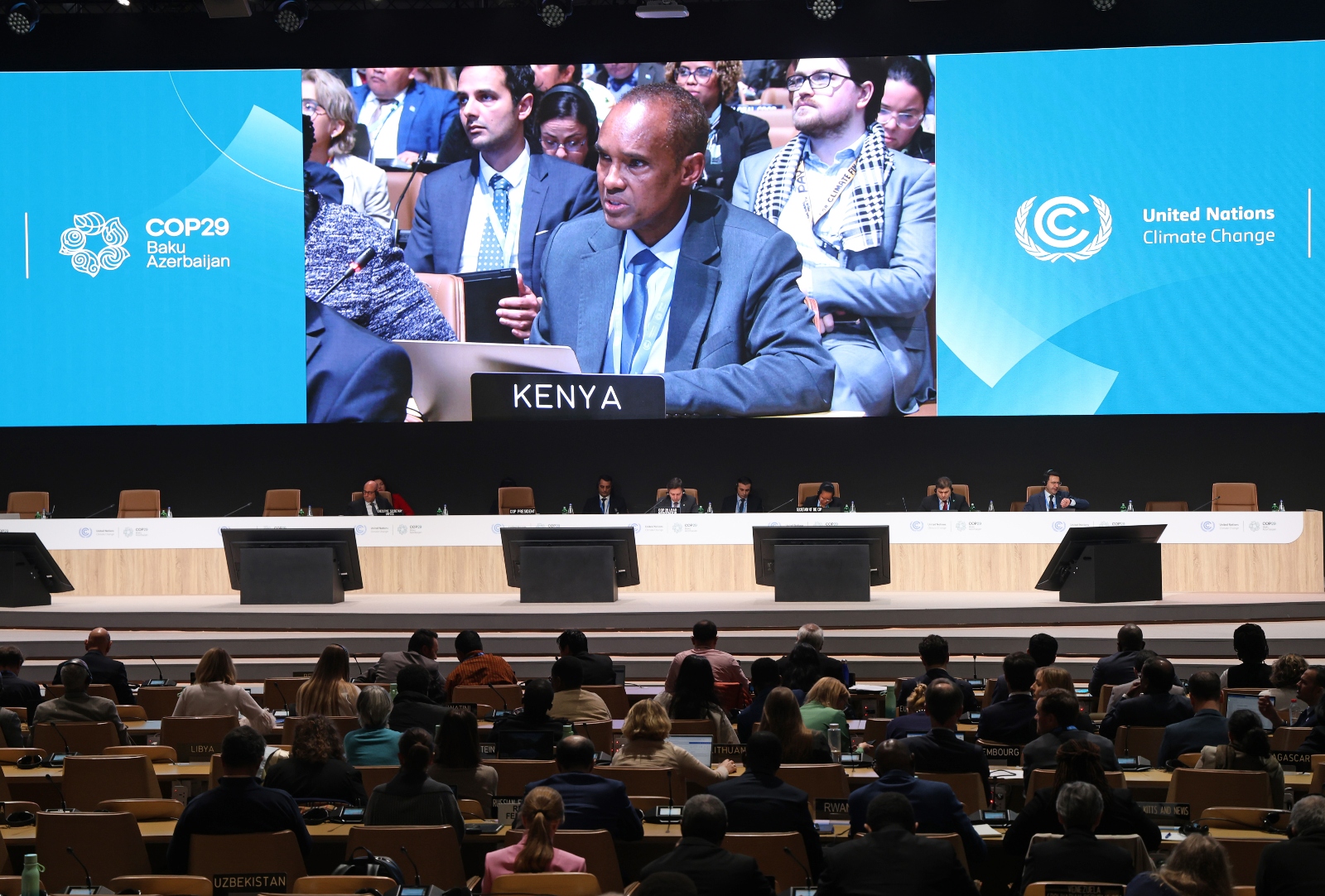 Ali Mohamed, the climate envoy for Kenya, speaks during a plenary session at COP29 in Baku. Mohamed was one of a few developing country leaders who pushed for a much more ambitious climate finance deal at COP29.