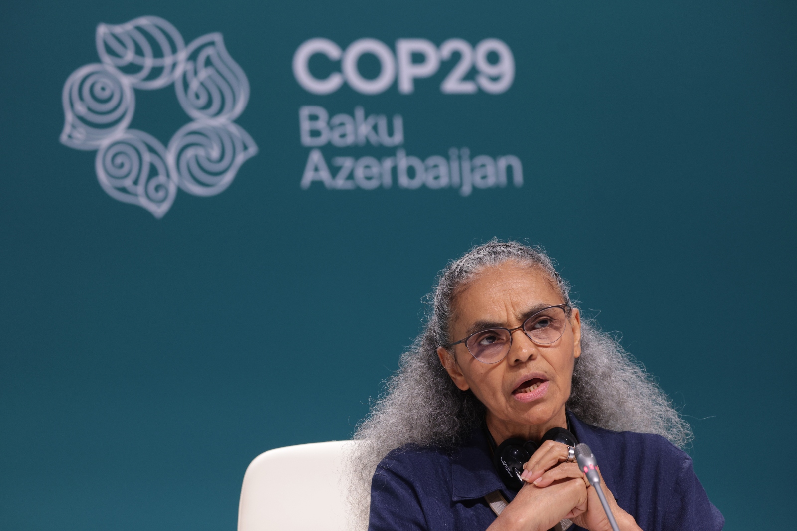 Marina Silva, the Brazilian environmental minister, holds a press conference at COP29 in Baku. The Brazilian delegation pushed for agreement on a climate finance deal despite tensions.