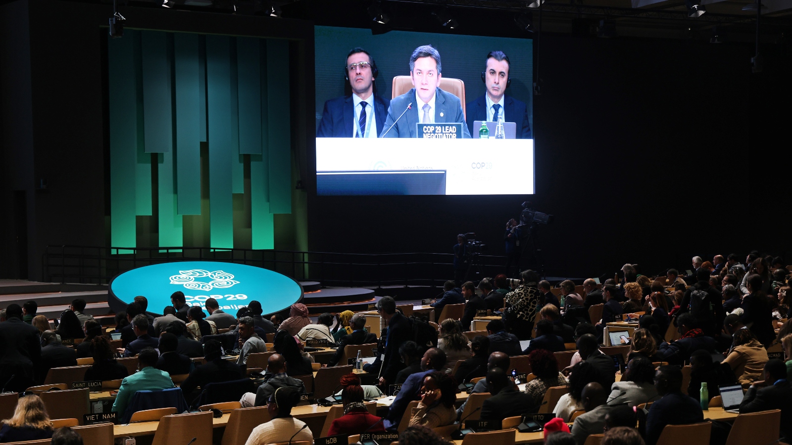 Yalchin Rafiyev, lead negotiator for the COP29 Azerbaijan presidency, speaks during a plenary session in Baku, Azerbaijan. The presidency convened a plenary following criticism from several countries, who alleged that talks at COP29 were faltering.