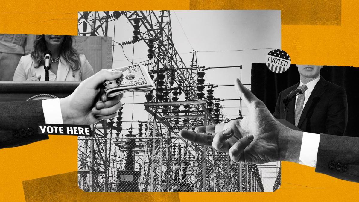 A collage of black and white images of hands and electrical transmission towers