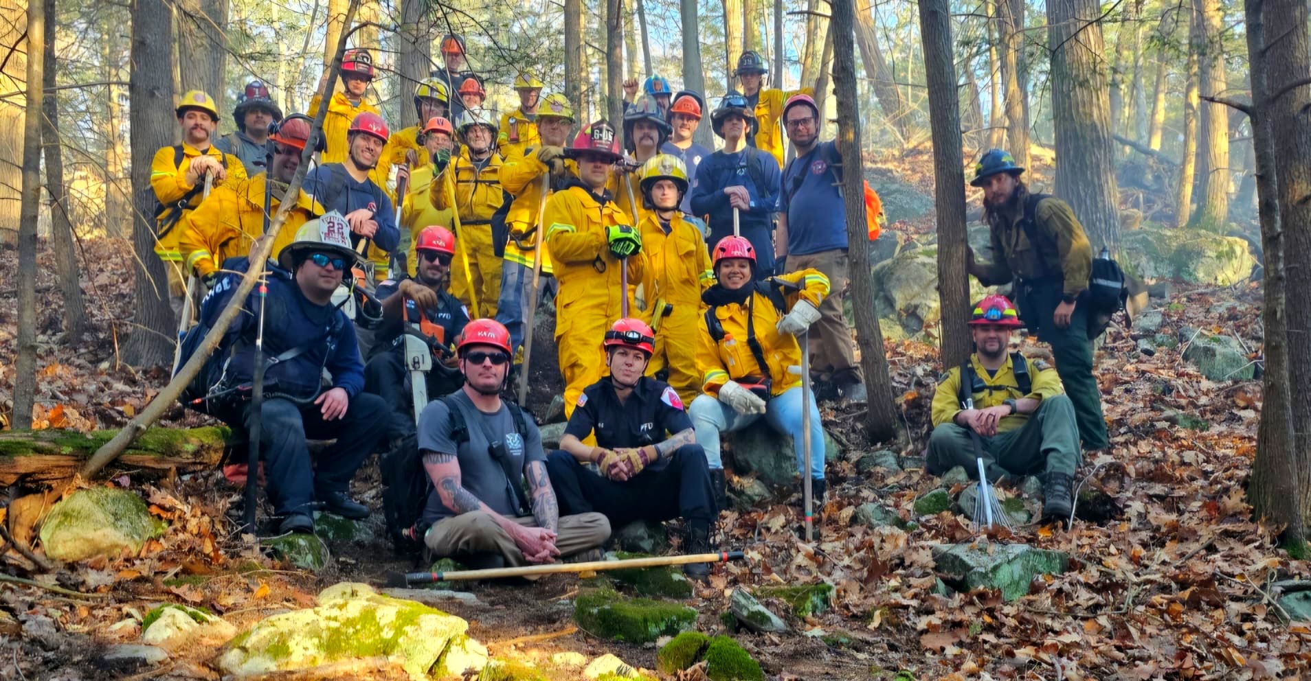 A group of firefighters some of whom are wearing yellow coveralls and some in regular clothes wear red hart hats and stand in a forest