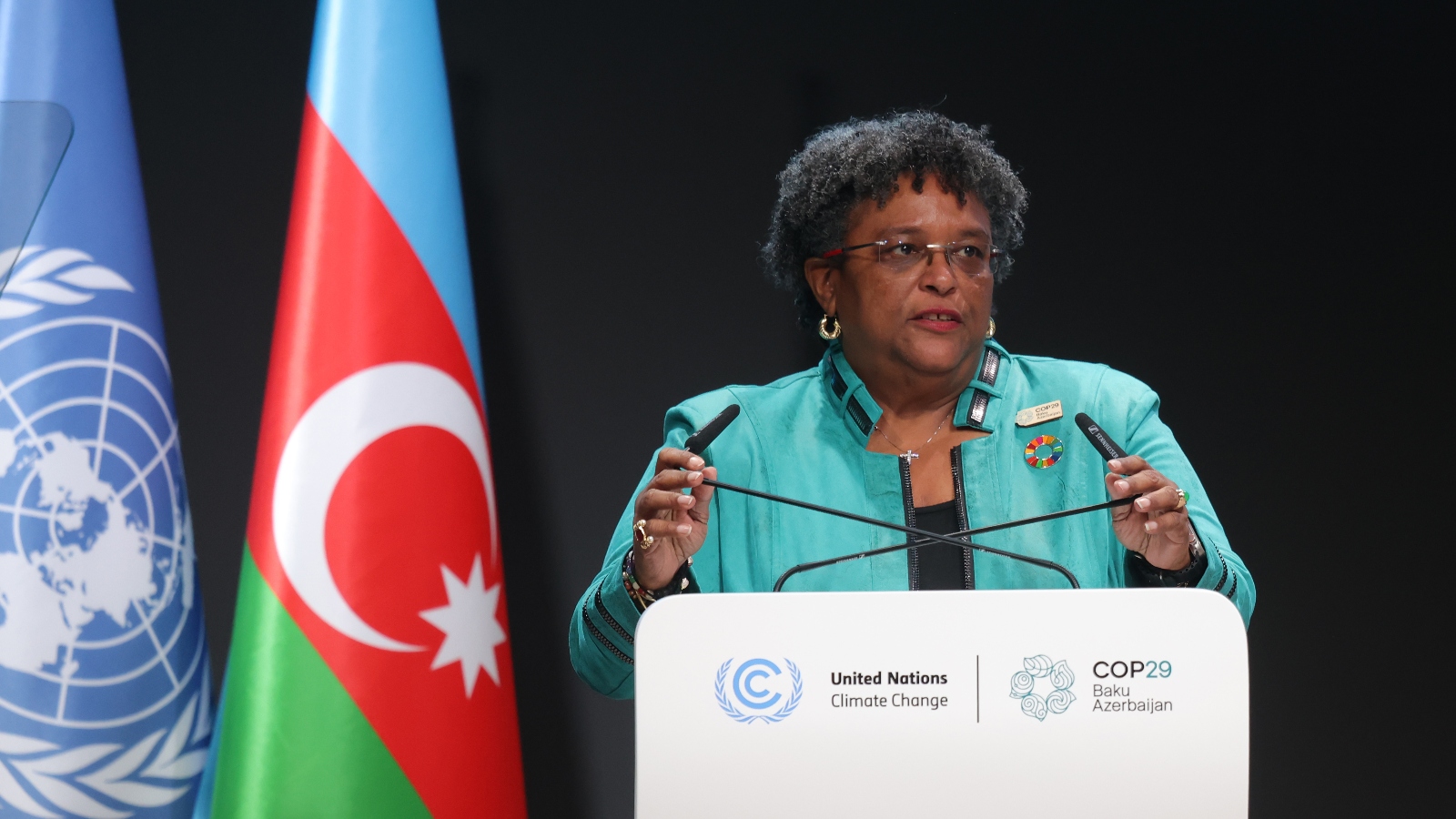 Mia Amor Mottley, the prime minister of Barbados, delivers a speech during the second day of the United Nations COP29 climate summit in Baku, Azerbaijan. Mottley is among several world leaders pushing for a tax on high-emitting industries like shipping and aviation.