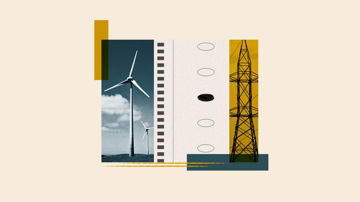 digital collage of wind turbine, ballot, and transmission tower