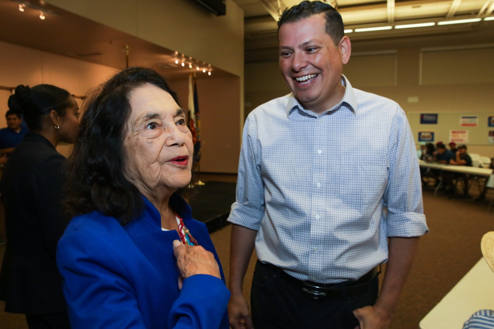 California state legislator Rudy Salas, right, at a campaign event with the iconic labor movement figure Dolores Huerta. Groups supporting Salas in his bid for Congress are trying to rally rural farm workers to vote out the Republican incumbent, David Valadao.