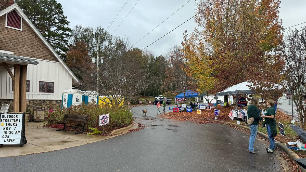 View of the Fairview Public Library polling location in Buncombe county, North Carolina, one of 17 temporary polling sites in Buncombe rapidly established after Hurricane Helene.