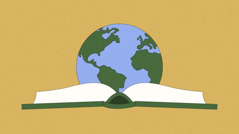 Illustration earth popping out of open book